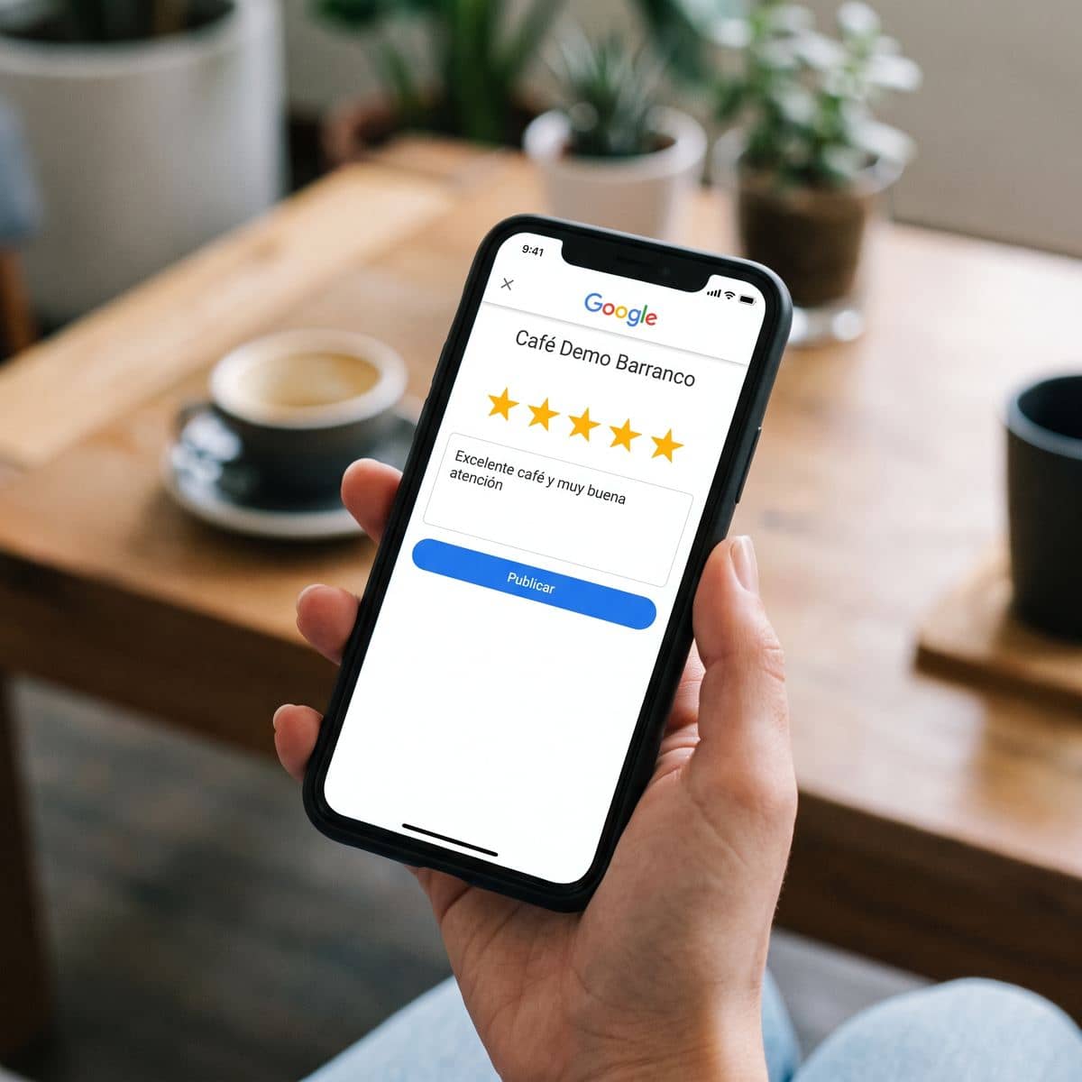 Clienta publicando una reseña de cinco estrellas en Google desde su celular
