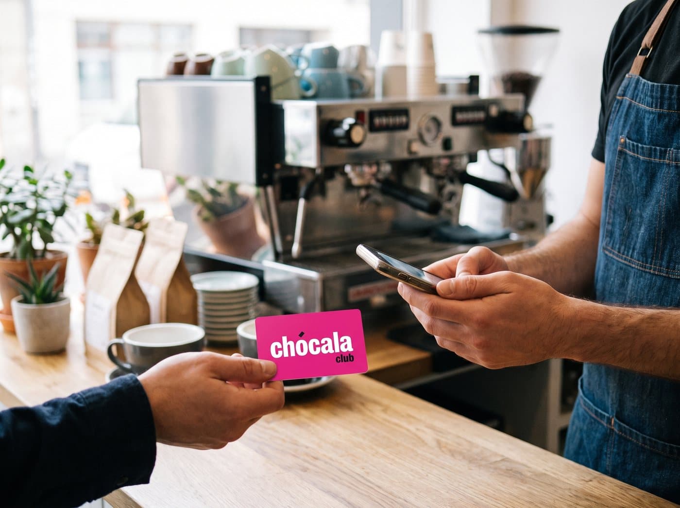 Clienta acercando su tarjeta Club fucsia de Chócala al celular del barista