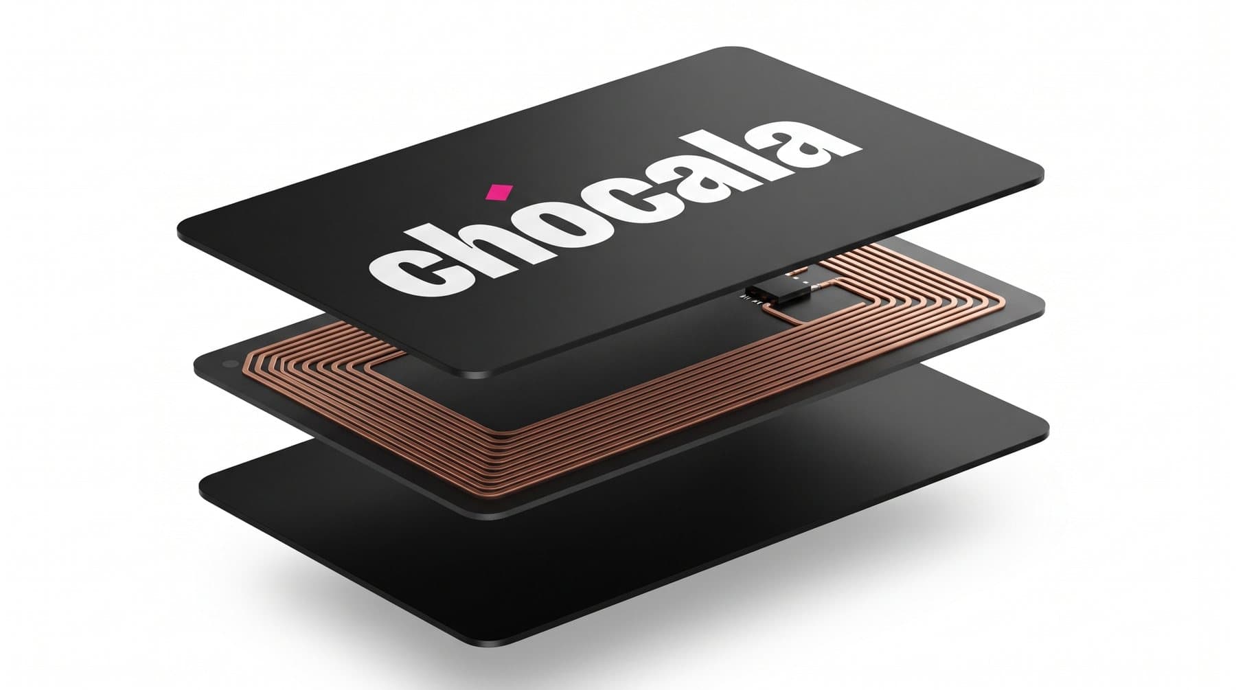 Vista explotada de una tarjeta de Chócala: la cara con el logo, la antena de cobre con el chip y la cara trasera