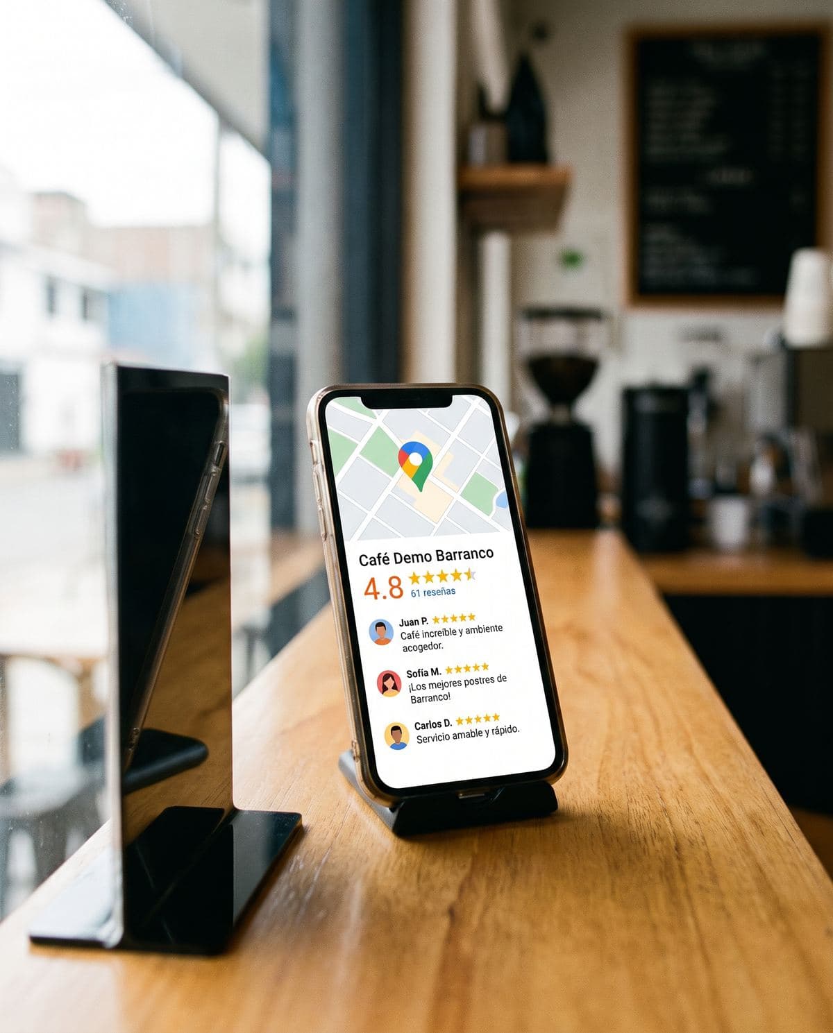 Celular en el mostrador mostrando la ficha de Google del café con 4.8 estrellas