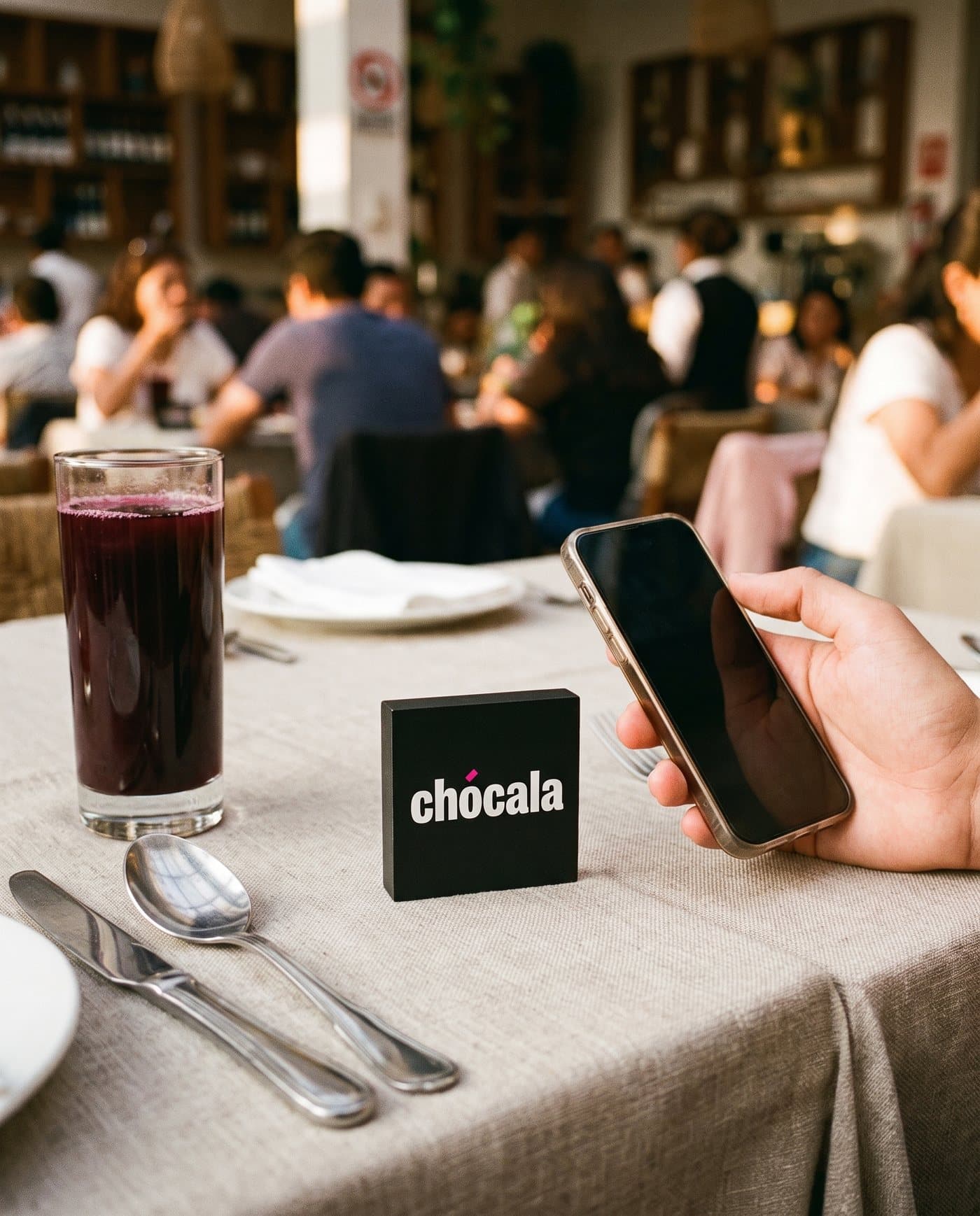 Tag de mesa de Chócala sobre un mantel de lino con un vaso de chicha morada