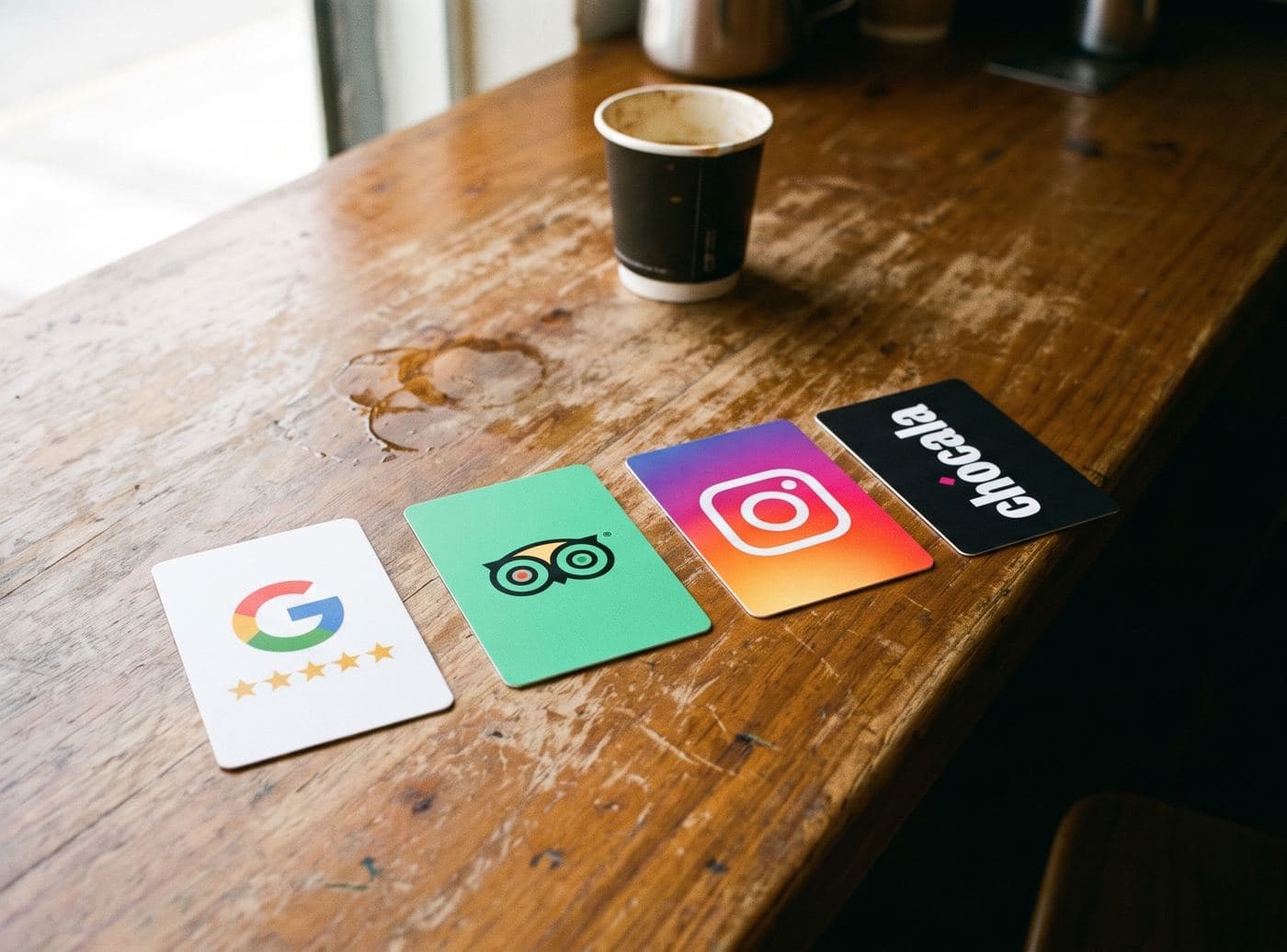 Tarjetas de Google, TripAdvisor, Instagram y Chócala sobre la barra de un café
