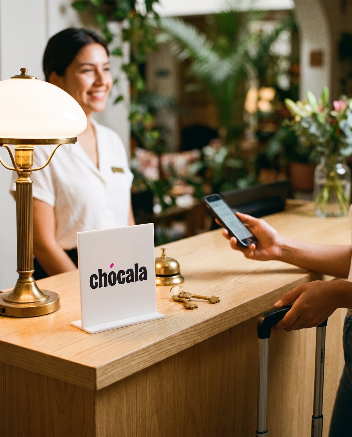 Huésped en el check-out acercando su celular al soporte de Chócala