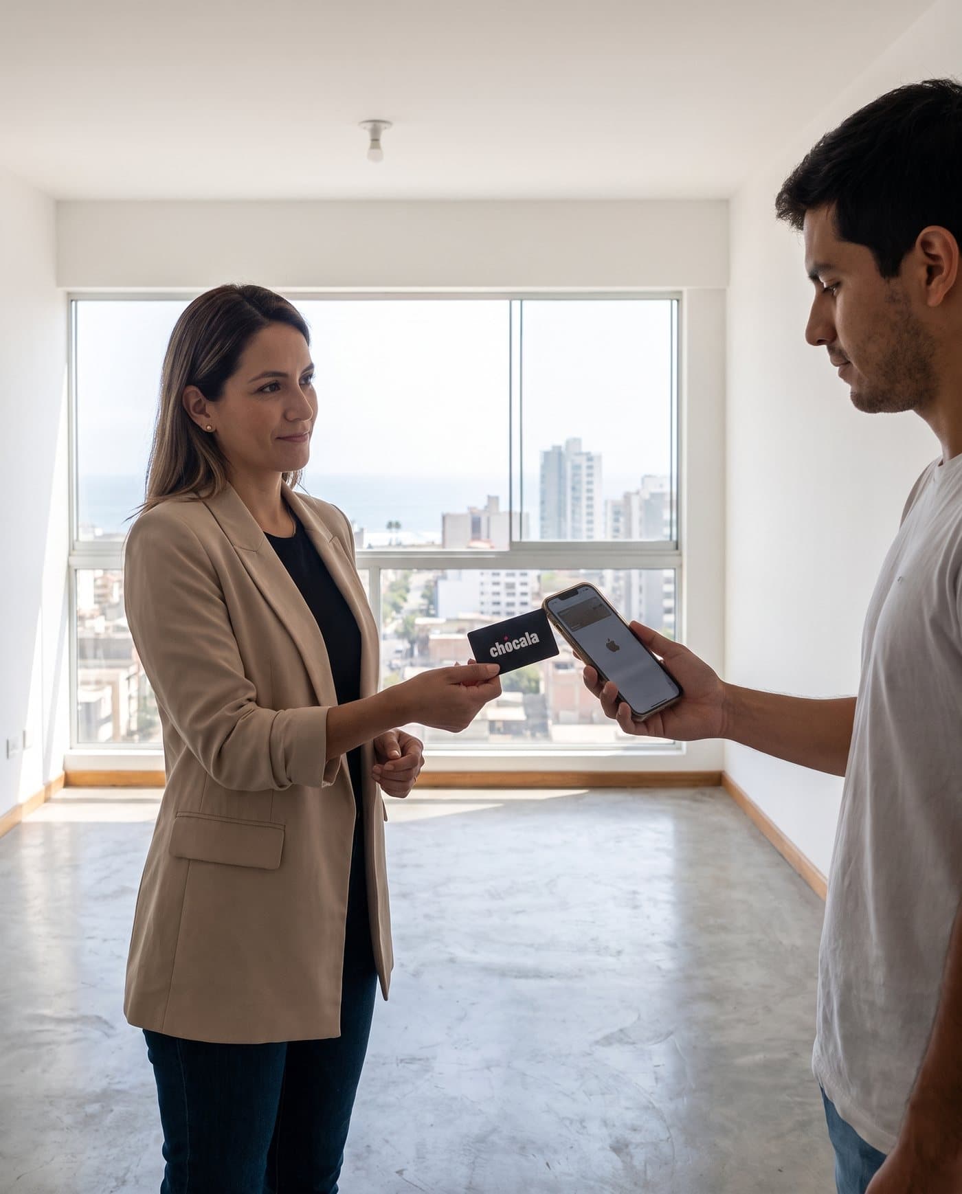 Asesora inmobiliaria entregando una tarjeta de Chócala a un cliente